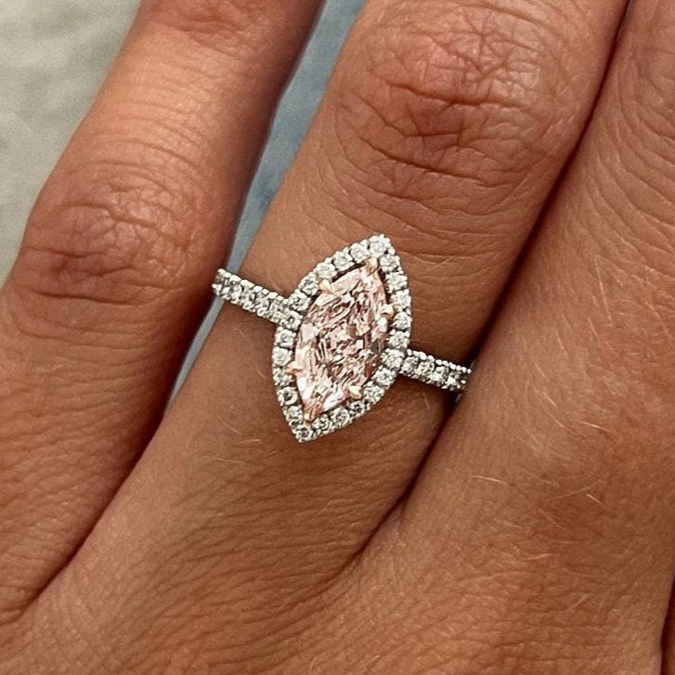 1.31 TCW Marquise Cut Fancy Intense Pink Lab Grown Diamond Halo Engagement Ring