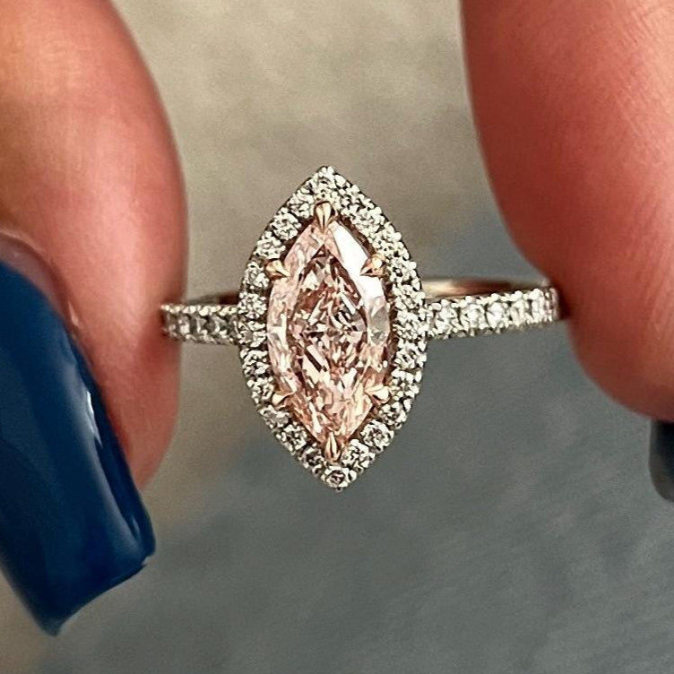 1.31 TCW Marquise Cut Fancy Intense Pink Lab Grown Diamond Halo Engagement Ring