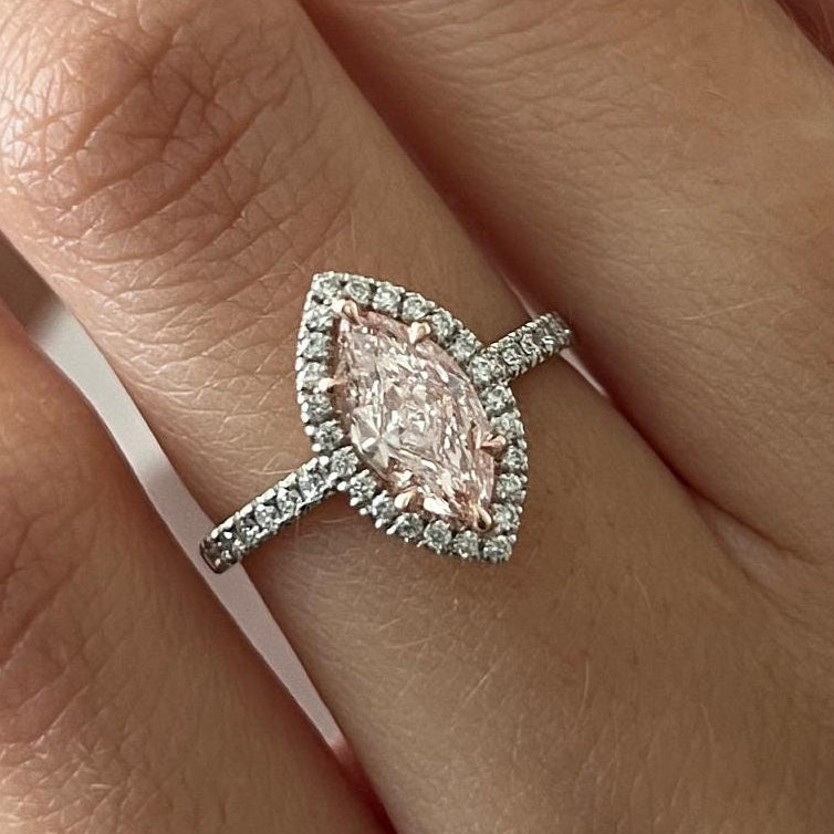 1.31 TCW Marquise Cut Fancy Intense Pink Lab Grown Diamond Halo Engagement Ring
