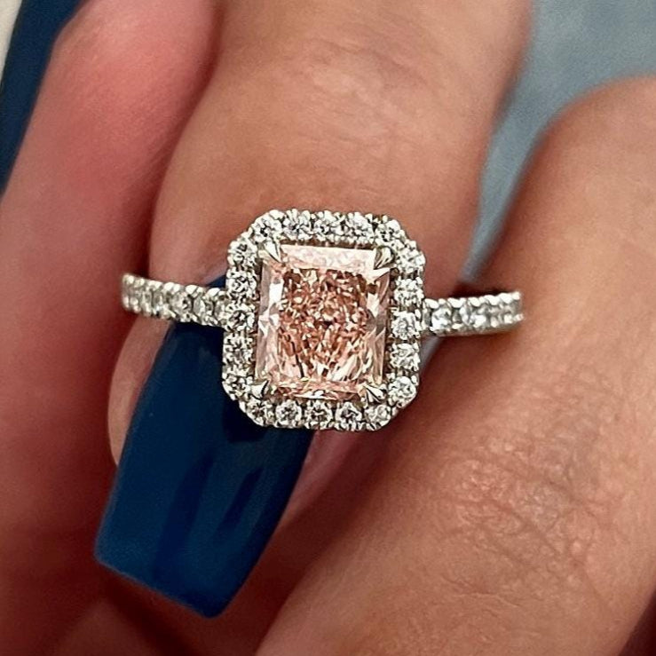 1.35 CT Elongated Radiant Fancy Intense Pink Lab Grown Diamond Halo Engagement Ring