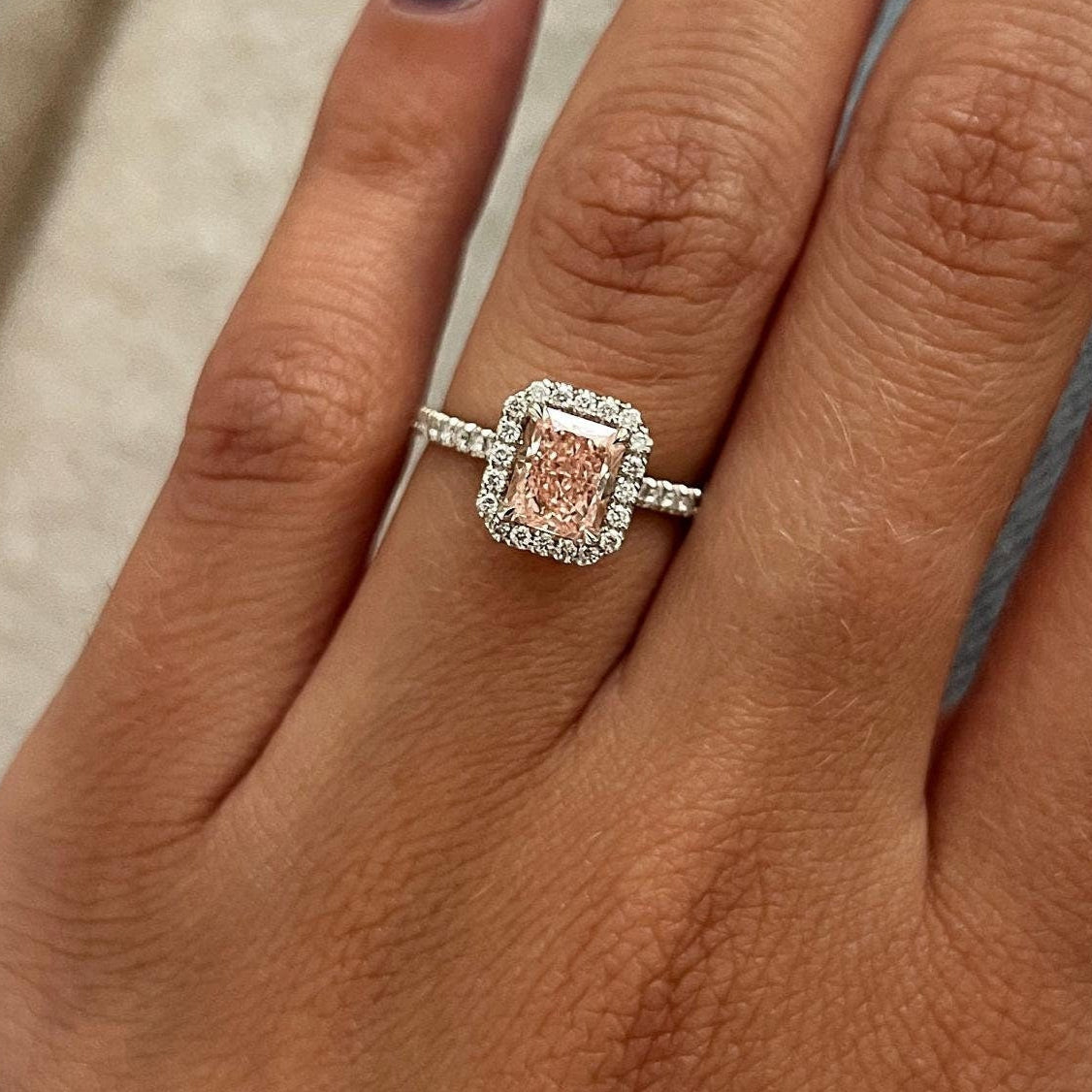 1.35 CT Elongated Radiant Fancy Intense Pink Lab Grown Diamond Halo Engagement Ring
