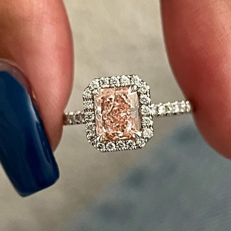 1.35 CT Elongated Radiant Fancy Intense Pink Lab Grown Diamond Halo Engagement Ring