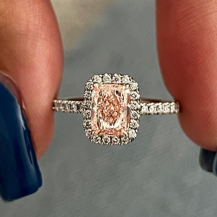 1.40 CT Elongated Cushion Fancy Intense Pink Lab Grown Diamond Halo Engagement Ring