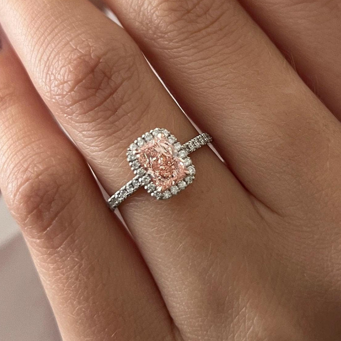 1.40 CT Elongated Cushion Fancy Intense Pink Lab Grown Diamond Halo Engagement Ring
