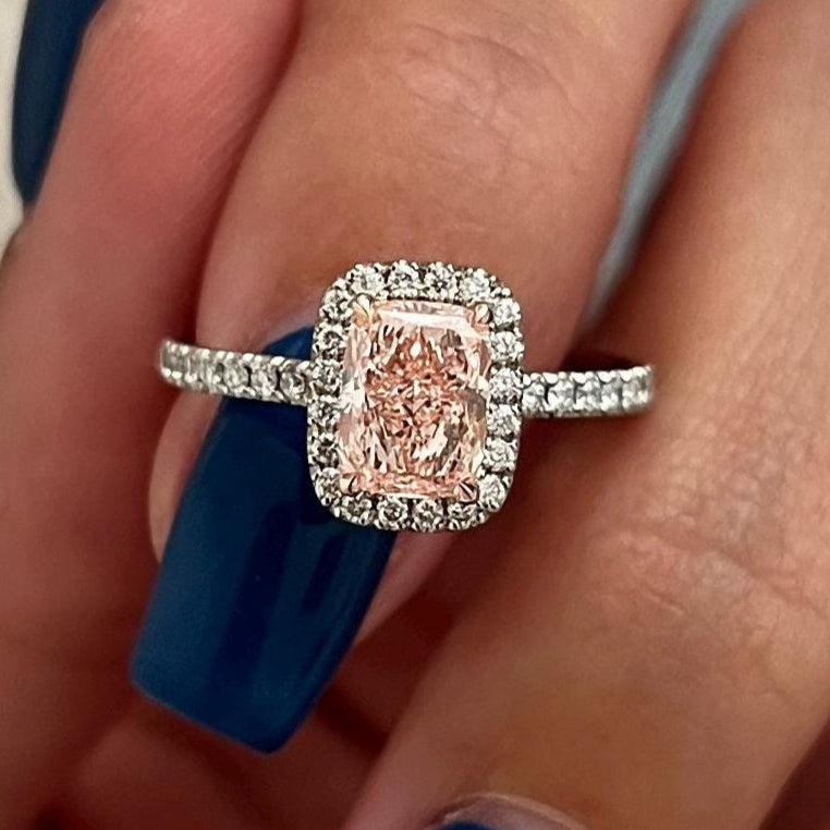 1.40 CT Elongated Cushion Fancy Intense Pink Lab Grown Diamond Halo Engagement Ring