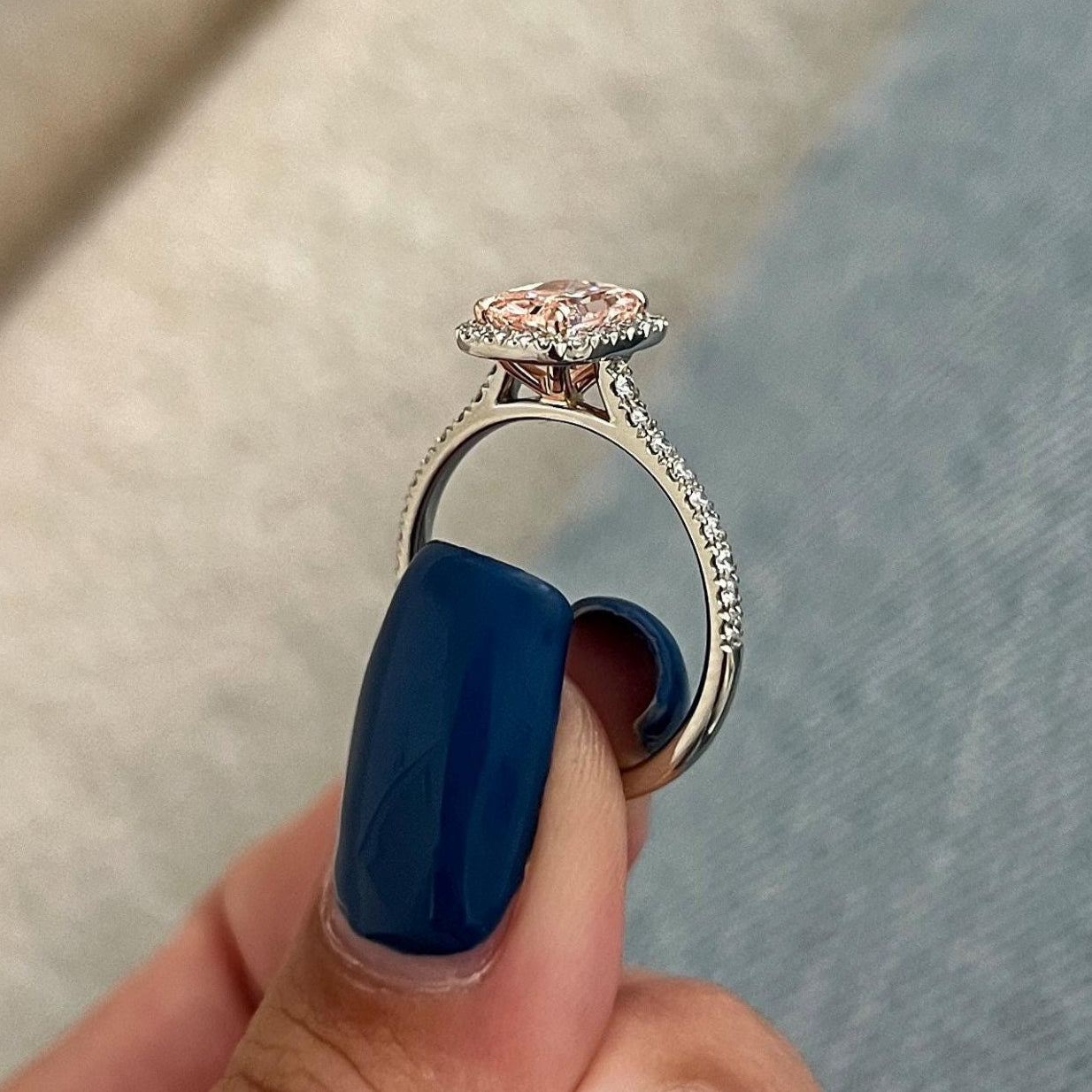 1.40 CT Elongated Cushion Fancy Intense Pink Lab Grown Diamond Halo Engagement Ring
