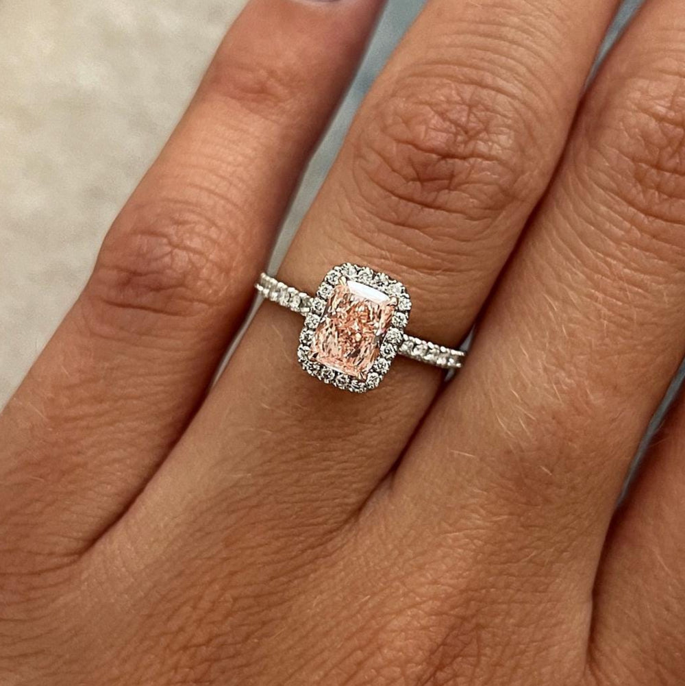 1.40 CT Elongated Cushion Fancy Intense Pink Lab Grown Diamond Halo Engagement Ring