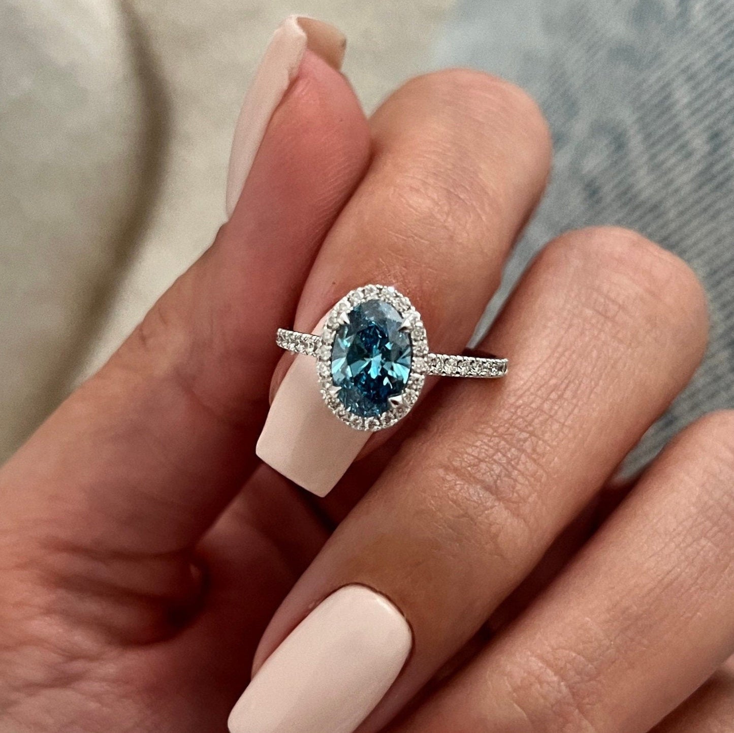1.85 CT Oval Cut Fancy Vivid Blue Lab Grown Diamond claw prong Halo Engagement Ring