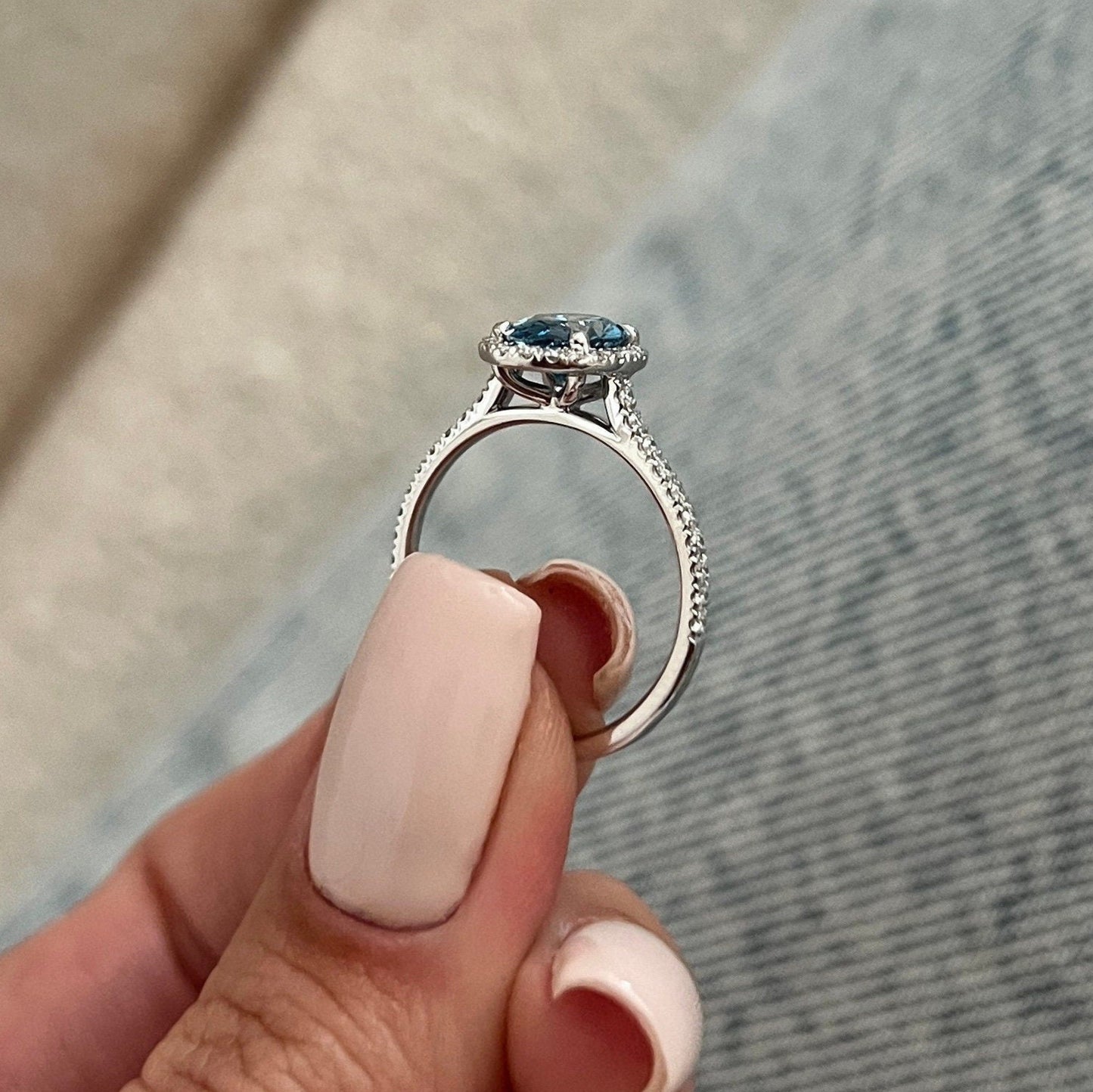 1.85 CT Oval Cut Fancy Vivid Blue Lab Grown Diamond claw prong Halo Engagement Ring