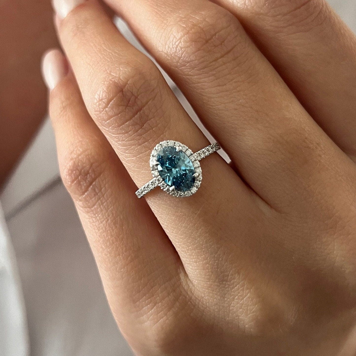 1.85 CT Oval Cut Fancy Vivid Blue Lab Grown Diamond claw prong Halo Engagement Ring