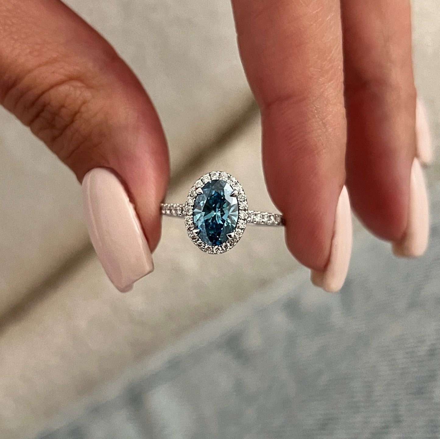 1.85 CT Oval Cut Fancy Vivid Blue Lab Grown Diamond claw prong Halo Engagement Ring