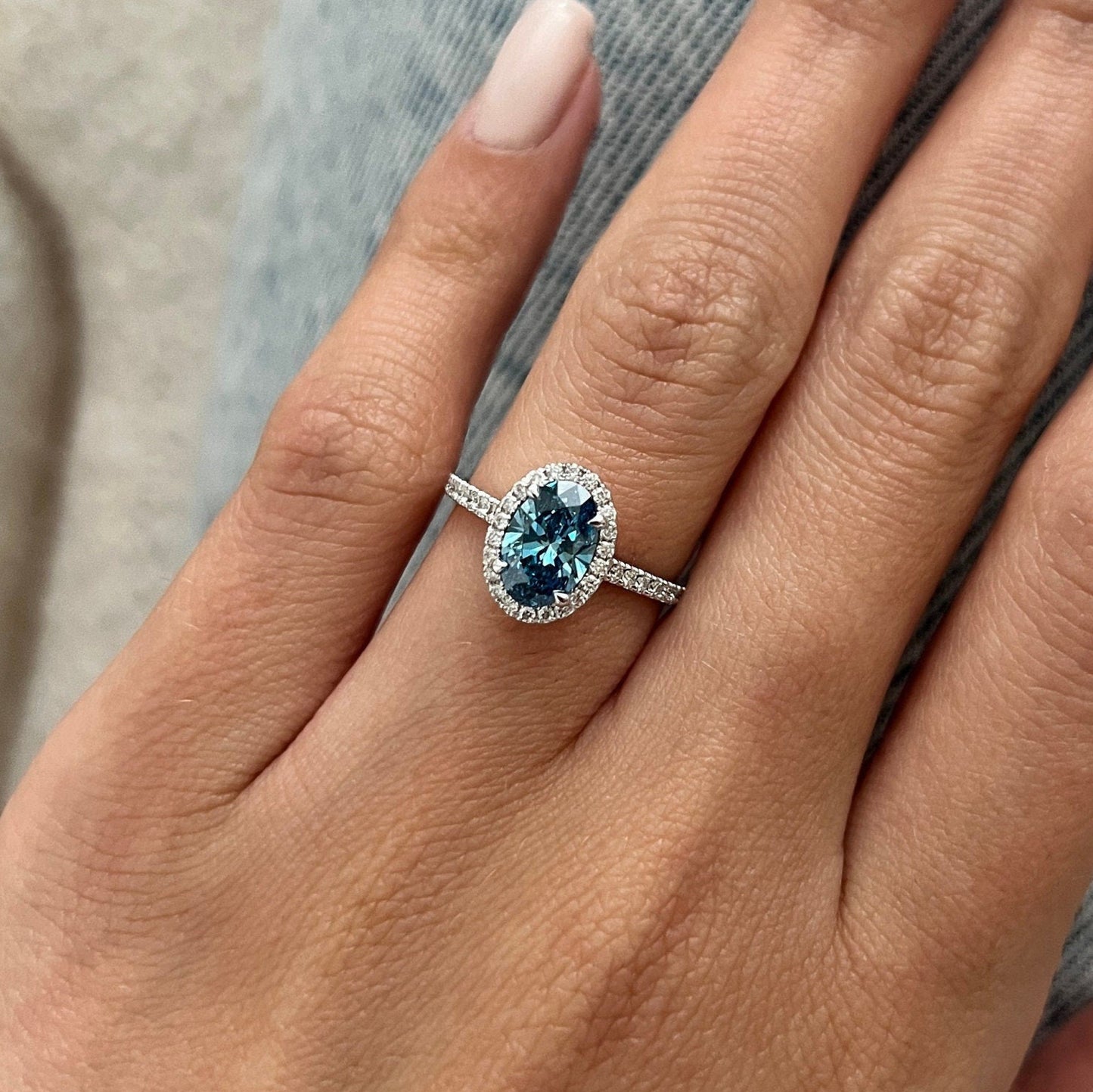 1.85 CT Oval Cut Fancy Vivid Blue Lab Grown Diamond claw prong Halo Engagement Ring