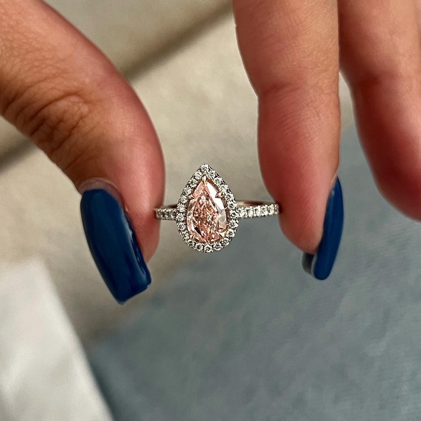 1.95 Carat Pear Fancy Intense Pink Lab Grown Diamond Halo Engagement Ring
