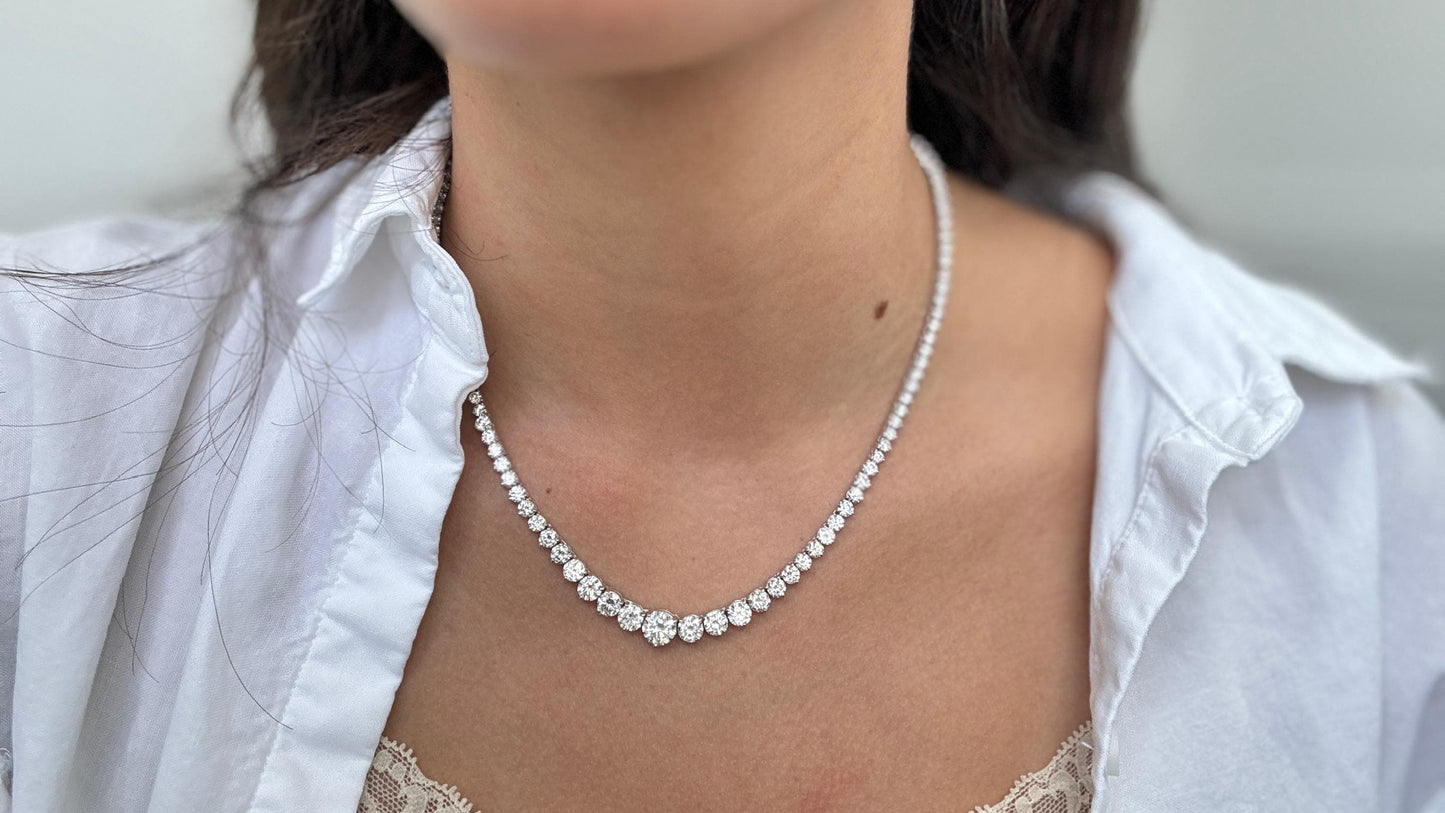 14kt gold Round Cut Moissanite diamonds 3 prong Graduated Tennis Necklace