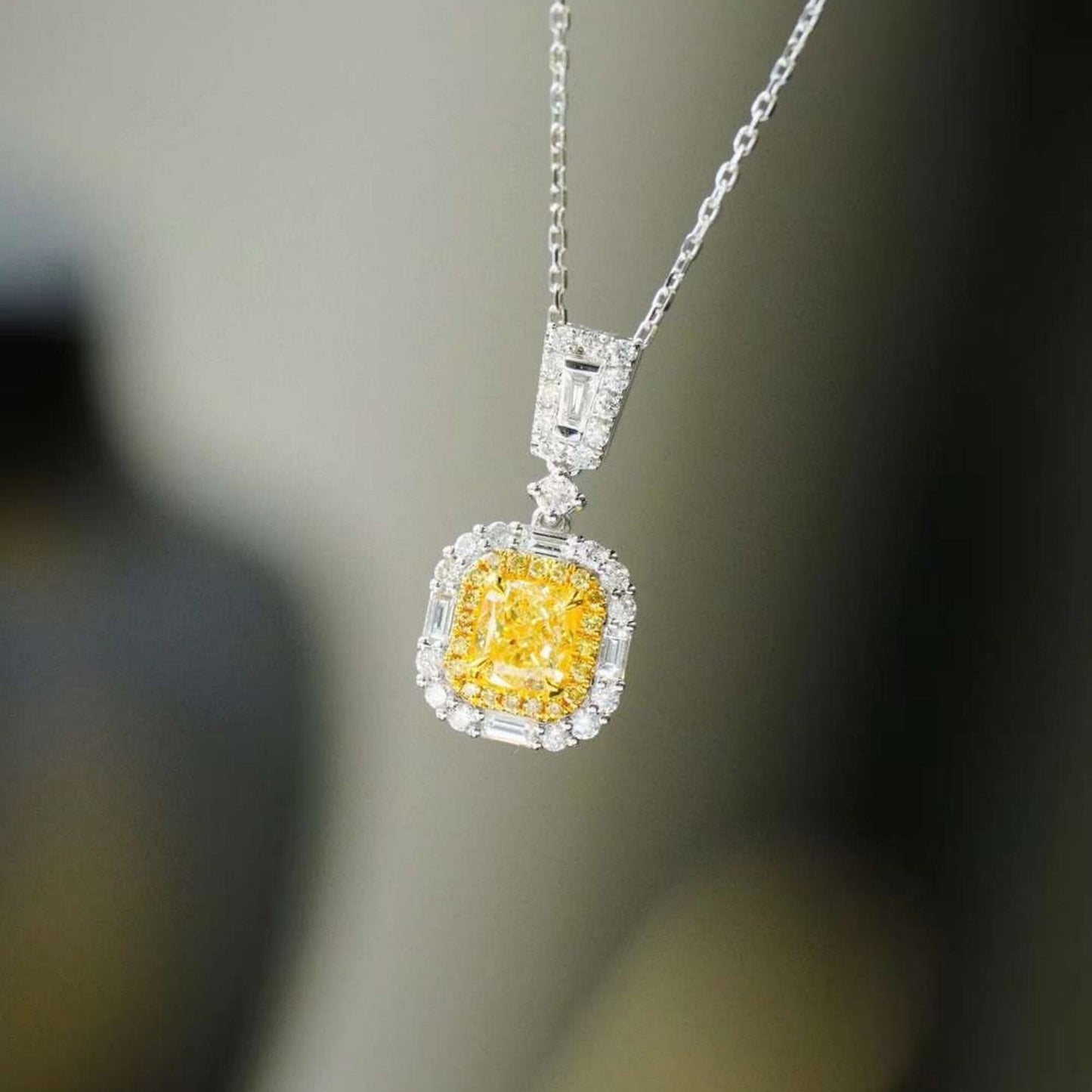 14k white gold Cushion cut Intense yellow Lab Grown diamond Quality Hallo pendant necklace