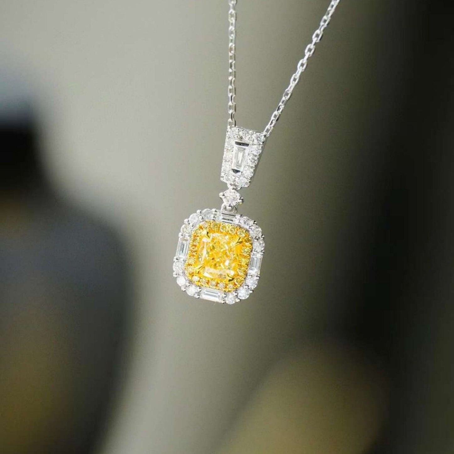 14k white gold Cushion cut Intense yellow Lab Grown diamond Quality Hallo pendant necklace