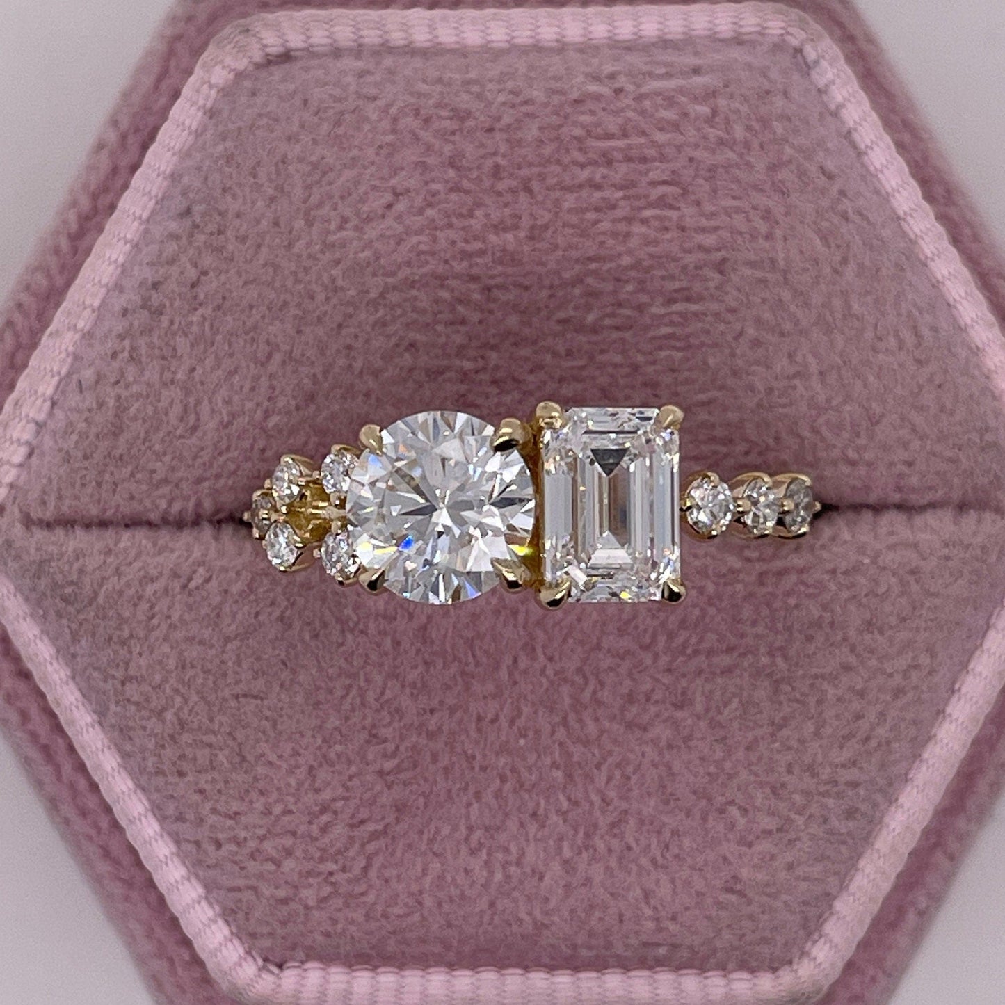 2.19 Carat Round & Emerald Cut Moissanite Two Diamond Engagement Ring