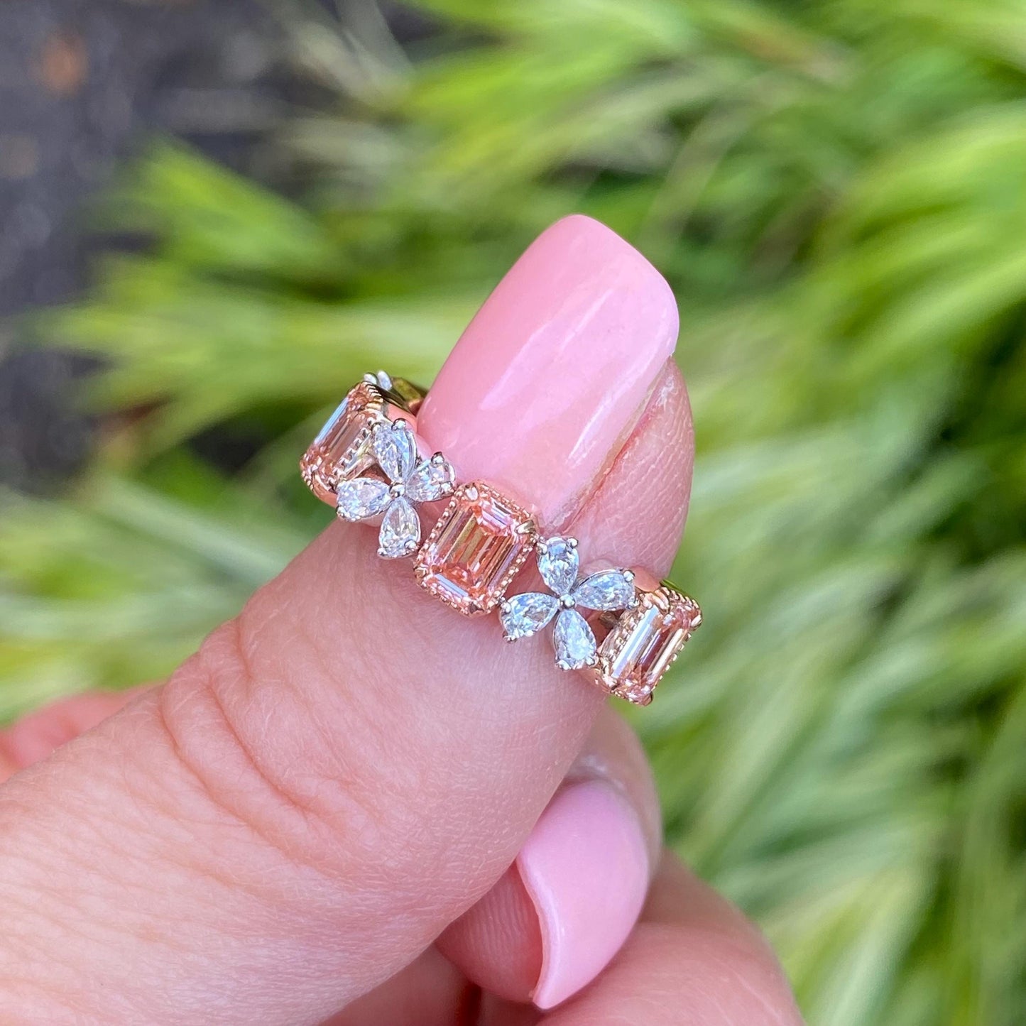 2.34 TCW Pink Emerald & White Pear Lab Grown Diamond Anniversary Wedding Band