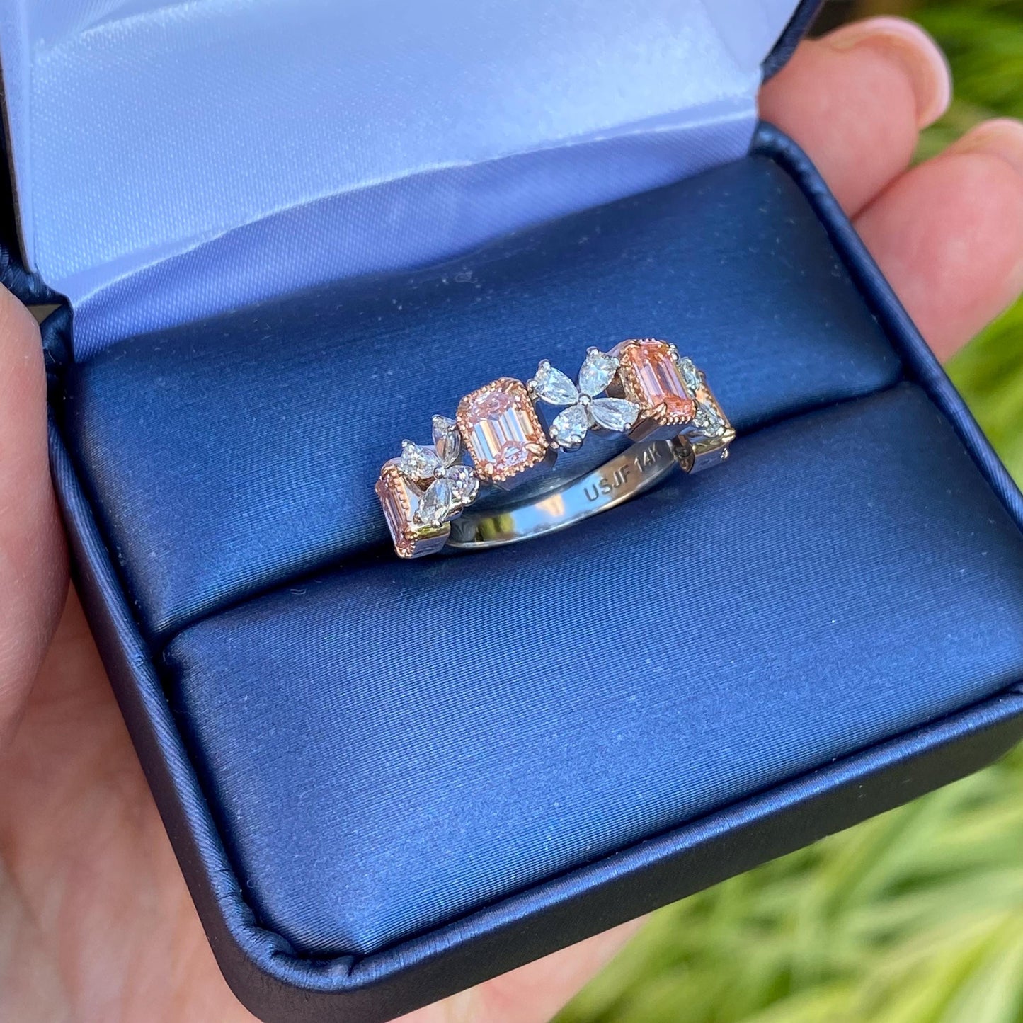 2.34 TCW Pink Emerald & White Pear Lab Grown Diamond Anniversary Wedding Band