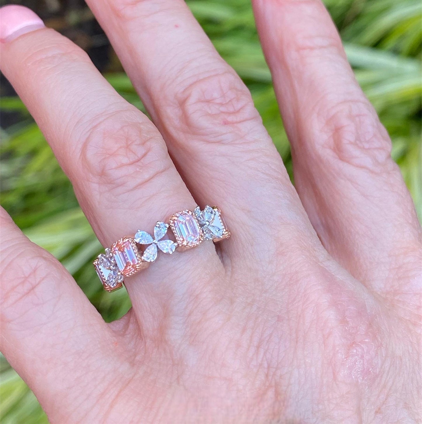 2.34 TCW Pink Emerald & White Pear Lab Grown Diamond Anniversary Wedding Band