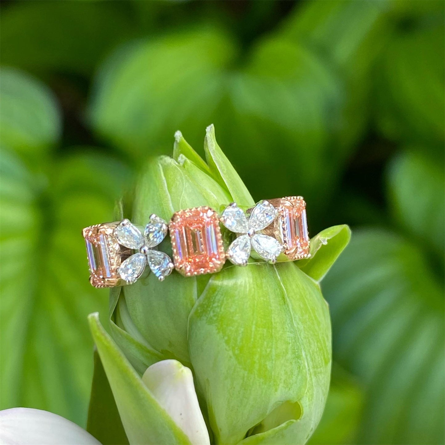 2.34 TCW Pink Emerald & White Pear Lab Grown Diamond Anniversary Wedding Band