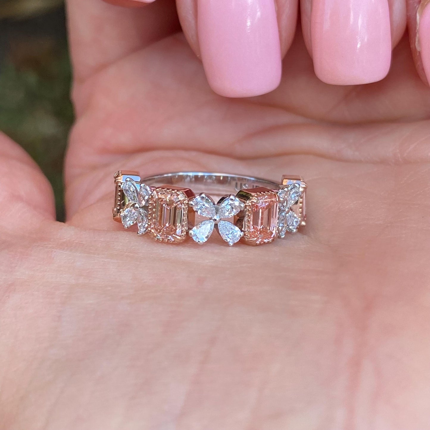 2.34 TCW Pink Emerald & White Pear Lab Grown Diamond Anniversary Wedding Band