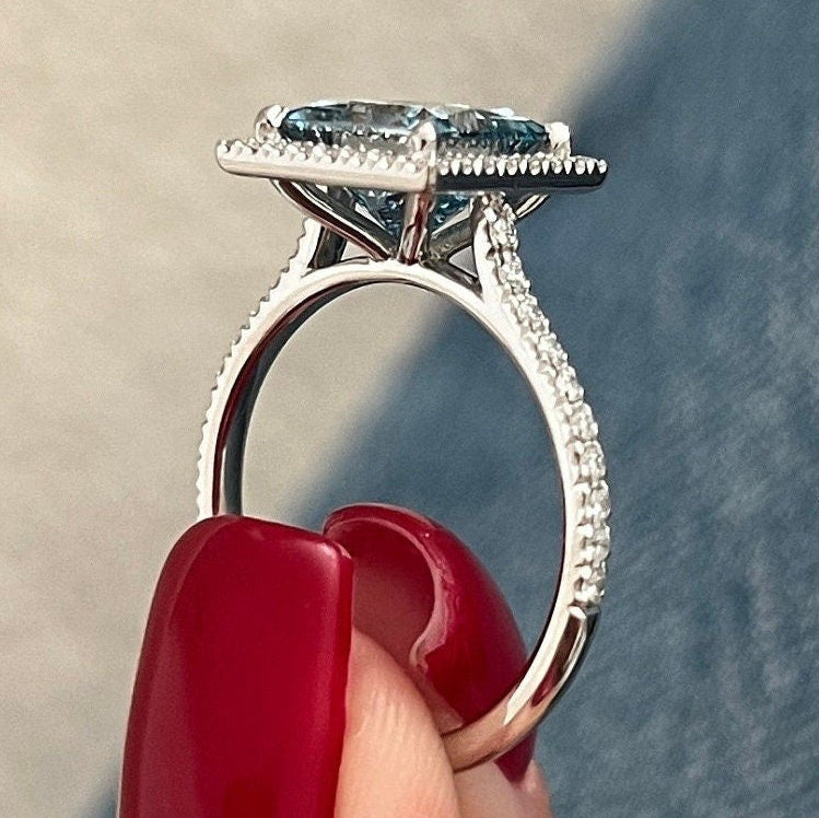 2.37 CT Classic Princess Cut Fancy Vivid Blue pave Set Halo Engagement Ring