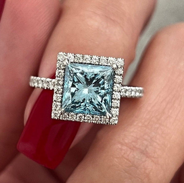 2.37 CT Classic Princess Cut Fancy Vivid Blue pave Set Halo Engagement Ring