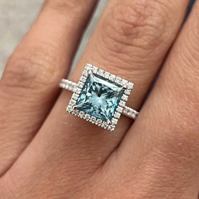 2.37 CT Classic Princess Cut Fancy Vivid Blue pave Set Halo Engagement Ring