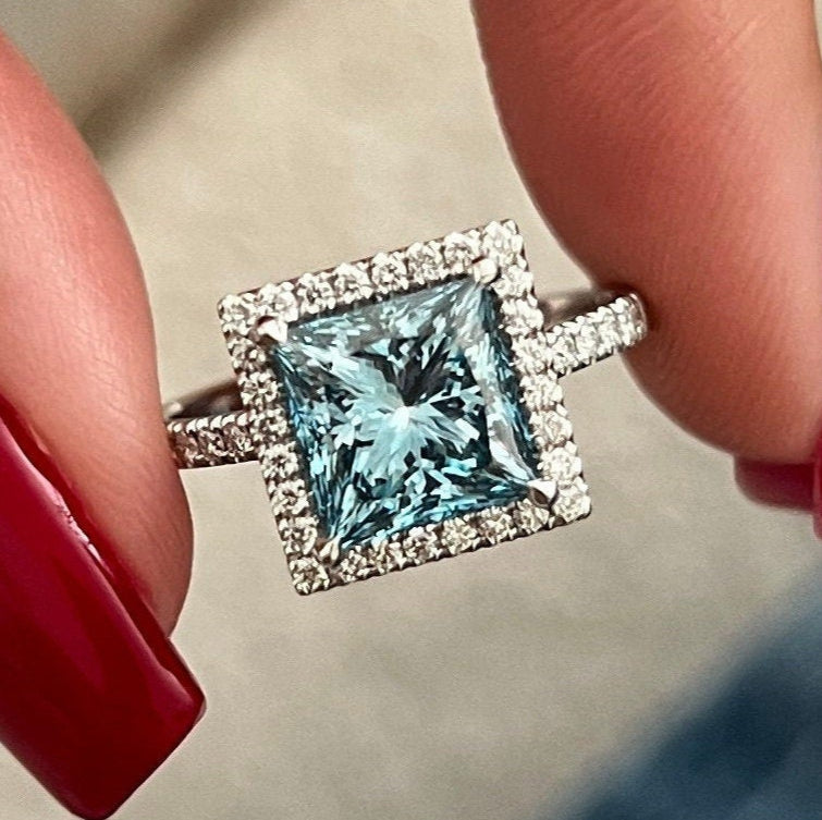 2.37 CT Classic Princess Cut Fancy Vivid Blue pave Set Halo Engagement Ring