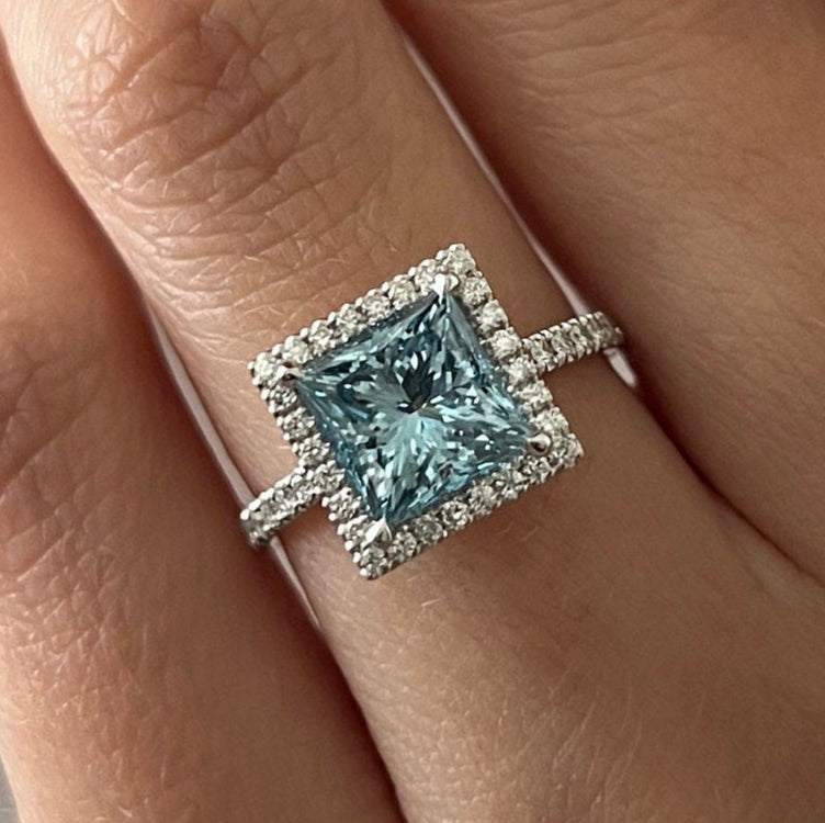 2.37 CT Classic Princess Cut Fancy Vivid Blue pave Set Halo Engagement Ring