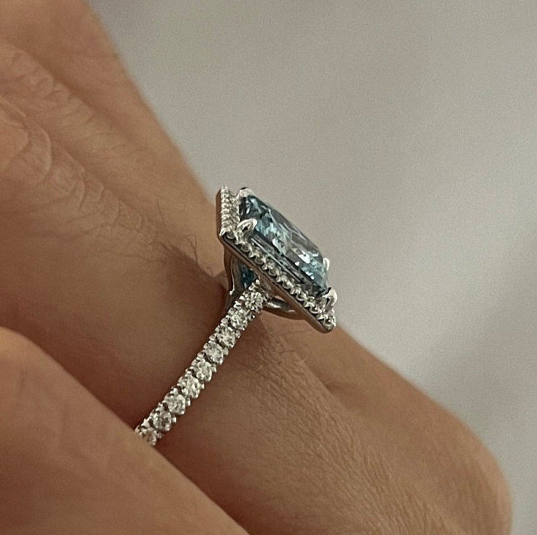 2.37 CT Classic Princess Cut Fancy Vivid Blue pave Set Halo Engagement Ring