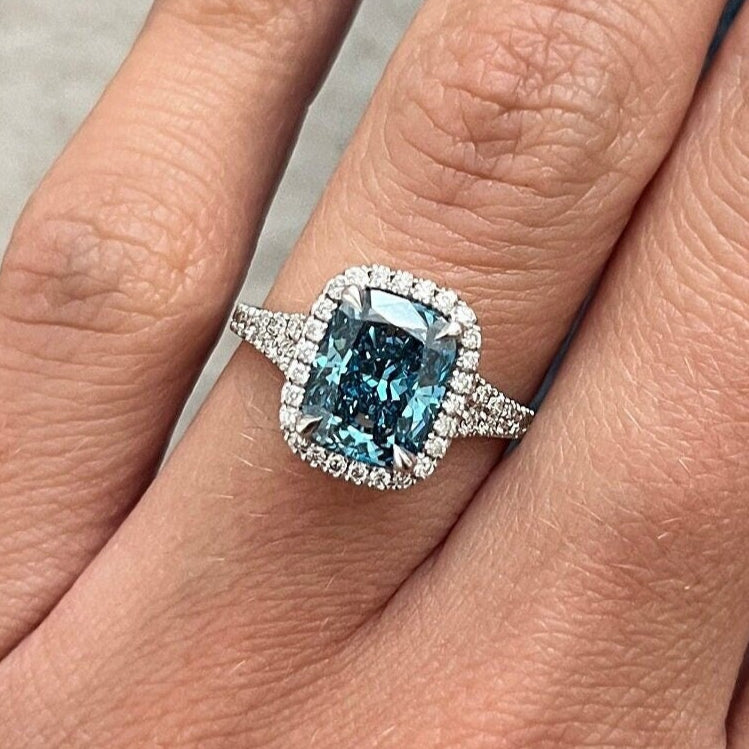 2.41 CT Cushion Cut Fancy Vivid Blue Split Shank Pave Set Halo Engagement Ring