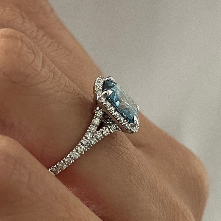 2.41 CT Cushion Cut Fancy Vivid Blue Split Shank Pave Set Halo Engagement Ring