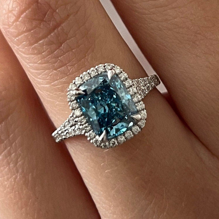2.41 CT Cushion Cut Fancy Vivid Blue Split Shank Pave Set Halo Engagement Ring