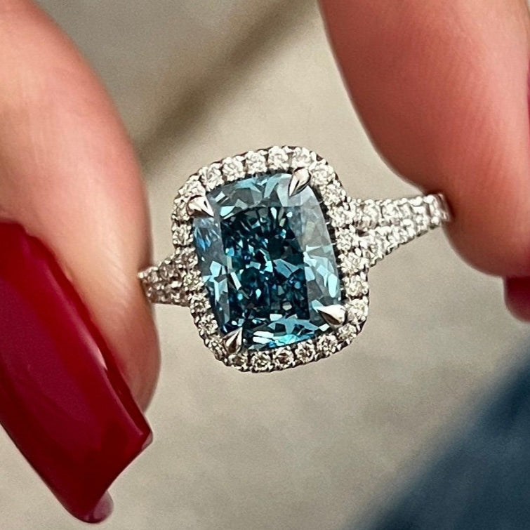 2.41 CT Cushion Cut Fancy Vivid Blue Split Shank Pave Set Halo Engagement Ring