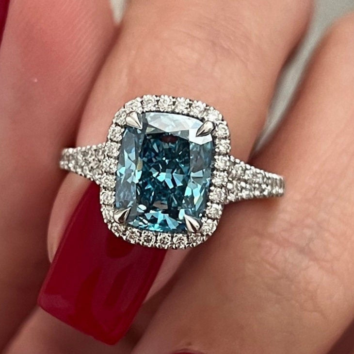 2.41 CT Cushion Cut Fancy Vivid Blue Split Shank Pave Set Halo Engagement Ring