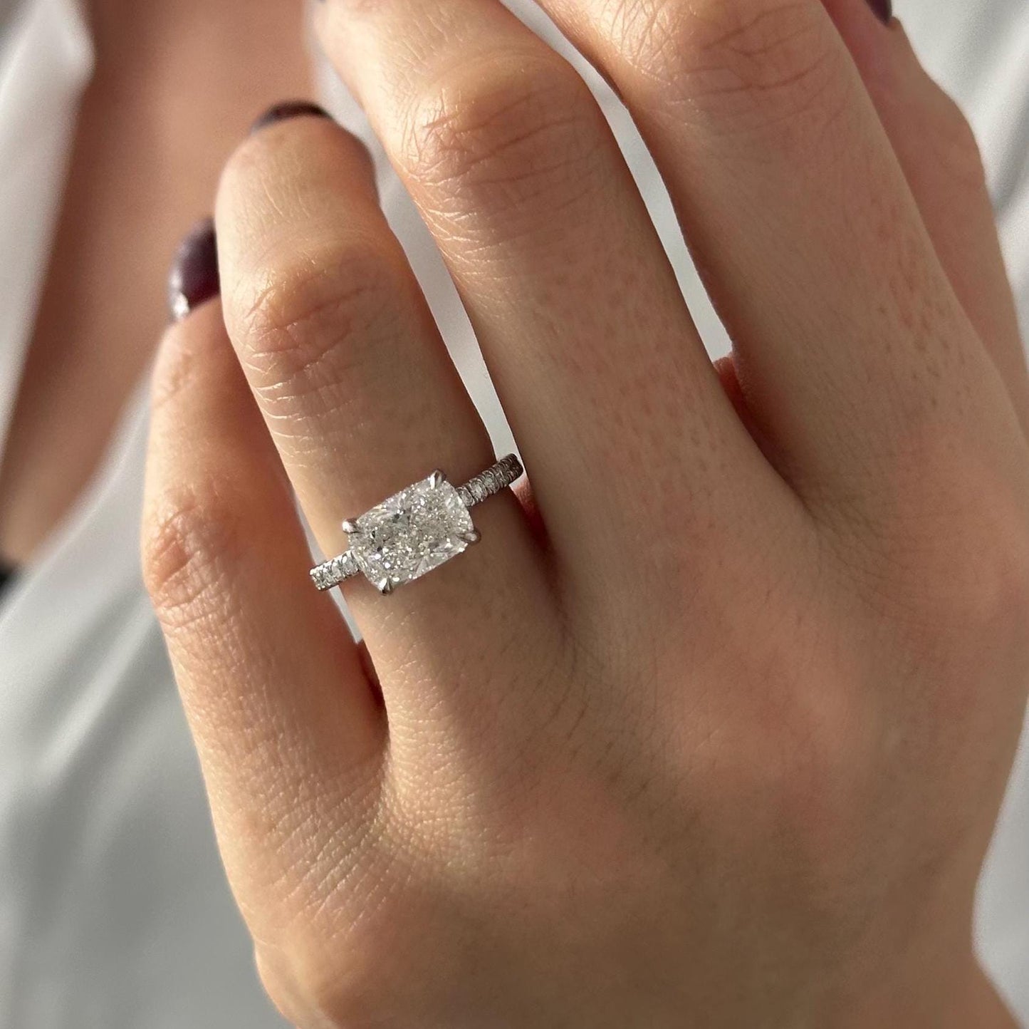 2.50CT Elongated Cushion Moissanite Diamond East West Hidden Halo & Pave Set Engagement Ring