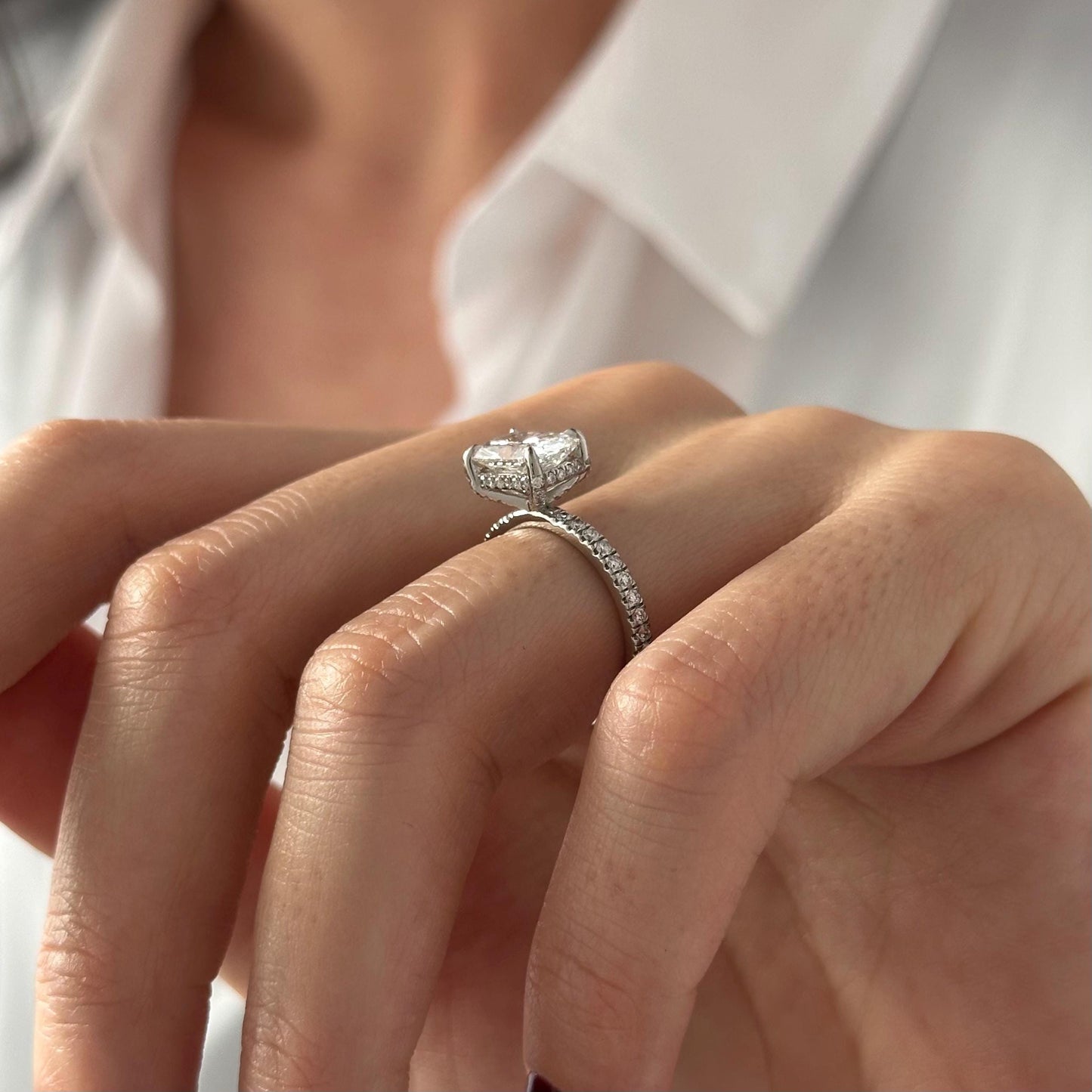 2.50CT Elongated Cushion Moissanite Diamond East West Hidden Halo & Pave Set Engagement Ring