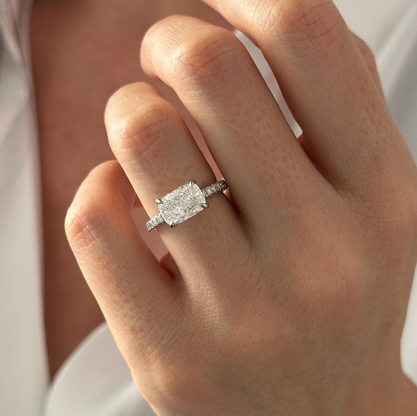 2.50CT Elongated Cushion Moissanite Diamond East West Hidden Halo & Pave Set Engagement Ring