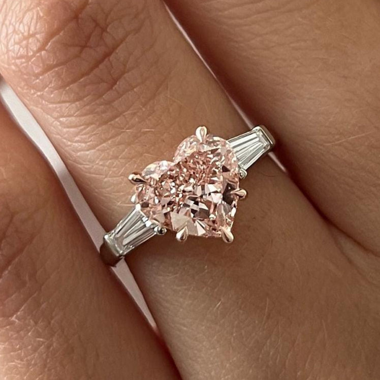 2.51TCW Heart Cut Intense Pink Lab Grown Diamond Unique Three Stone Engagement Ring