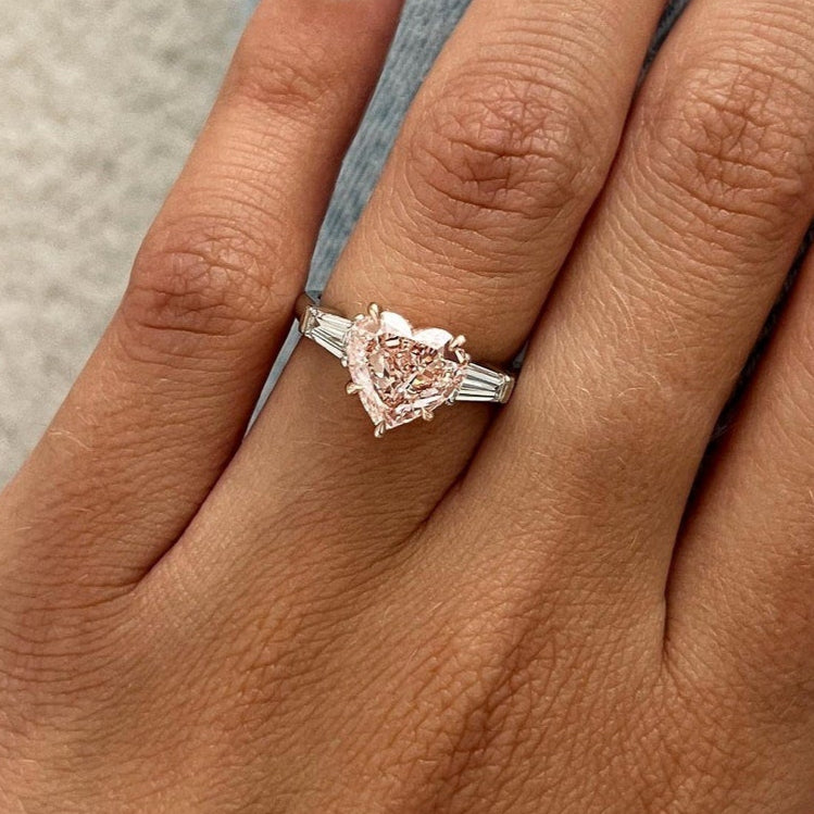 2.51TCW Heart Cut Intense Pink Lab Grown Diamond Unique Three Stone Engagement Ring