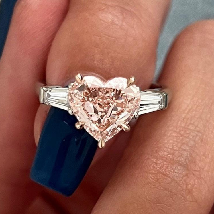 2.51TCW Heart Cut Intense Pink Lab Grown Diamond Unique Three Stone Engagement Ring