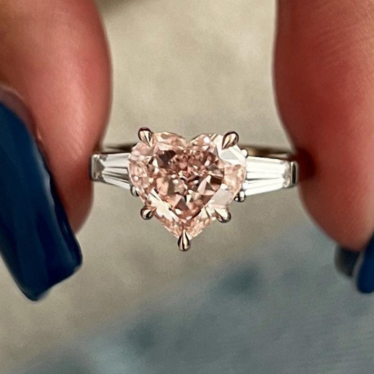 2.51TCW Heart Cut Intense Pink Lab Grown Diamond Unique Three Stone Engagement Ring