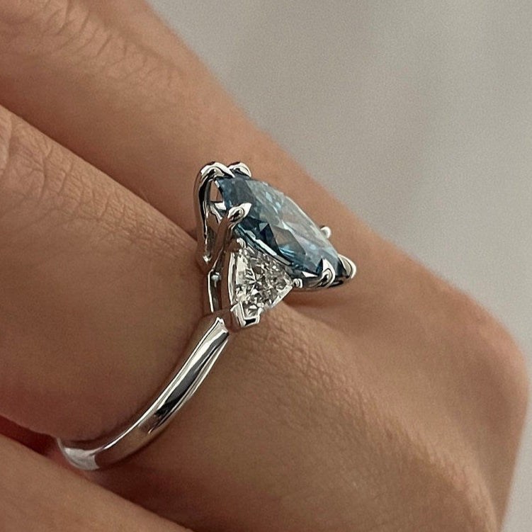 2.51TCW Marquise Fancy Vivid Blue Diamond Side Trillions Three Stone Engagement Ring