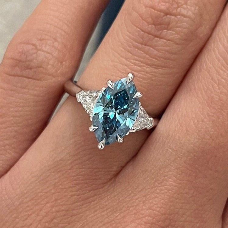 2.51TCW Marquise Fancy Vivid Blue Diamond Side Trillions Three Stone Engagement Ring