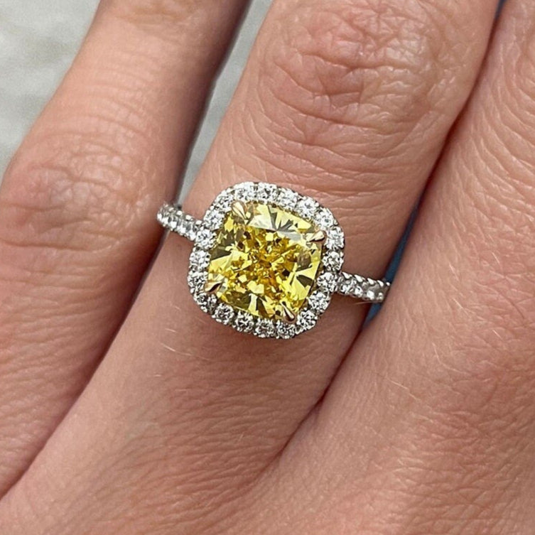 2.55CT Cushion Fancy Intense Yellow Lab Grown Diamond Two Tone Halo Pave Engagement Ring