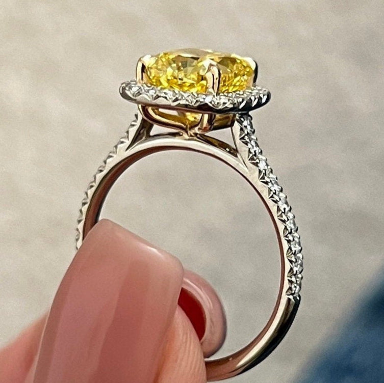 2.55CT Cushion Fancy Intense Yellow Lab Grown Diamond Two Tone Halo Pave Engagement Ring