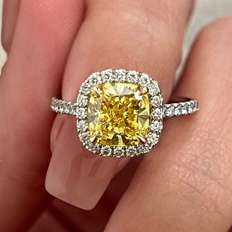 2.55CT Cushion Fancy Intense Yellow Lab Grown Diamond Two Tone Halo Pave Engagement Ring