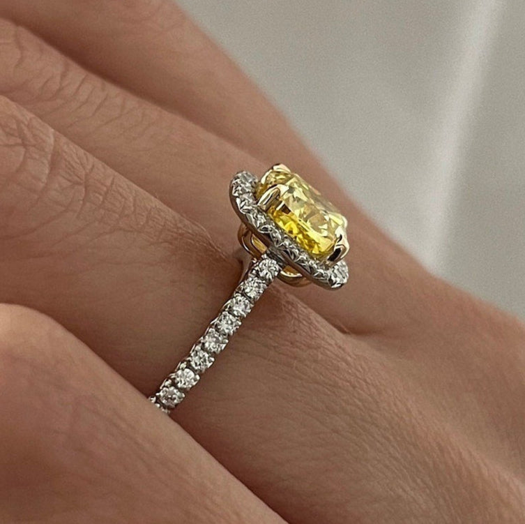 2.55CT Cushion Fancy Intense Yellow Lab Grown Diamond Two Tone Halo Pave Engagement Ring